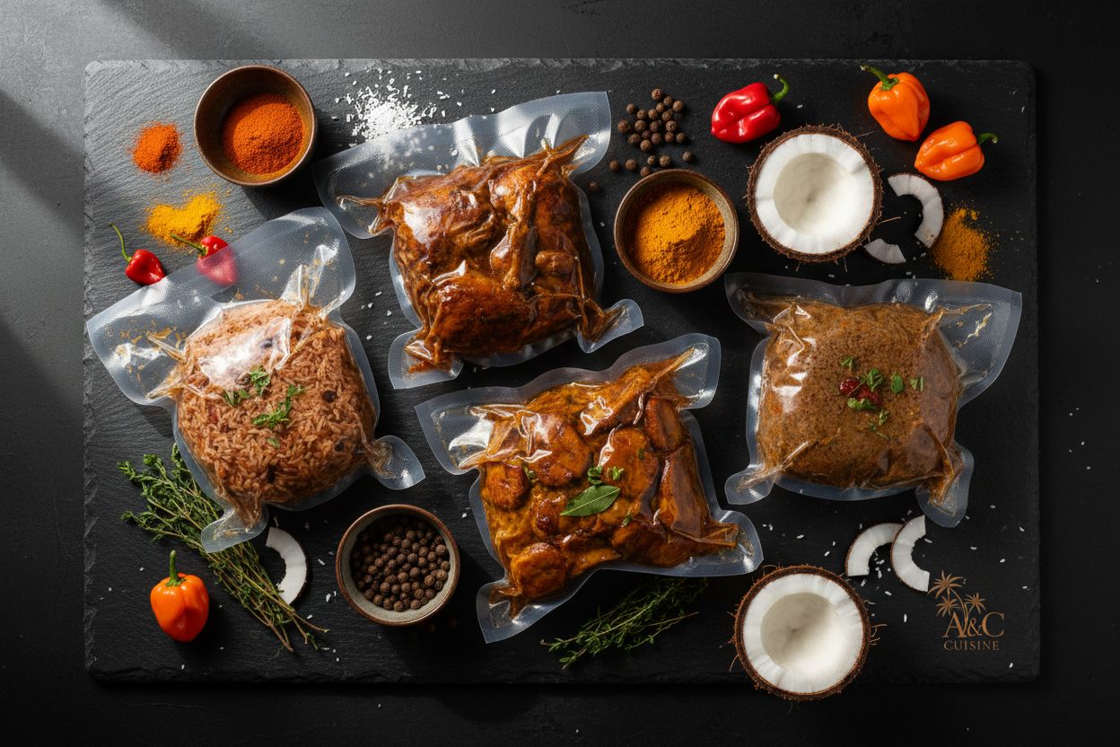 Styled flat-lay of vacuum-sealed dishes with tropical spices