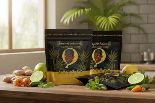 Tropical Infusion Original Spice Blends pouches in tropical setting